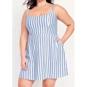 Old Navy 3X Dress Fit & Flare Blue Striped Cami Fit & Flare Dress Linen Pockets